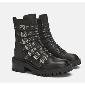 ZARA Genuine Leather Studded Ankle Boots Multi Strap Chunky Buckle Moto Boots
